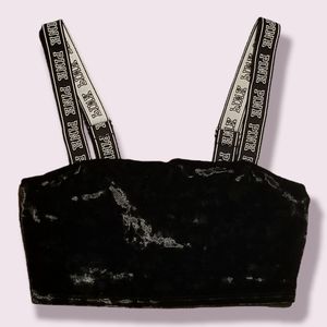 PINK Victoria Secret Black Crushed Velvet Crop Top with Thick LOGO Strap Small